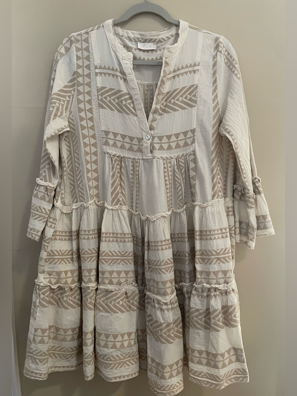 Devotion TWINS Ella Embroidered Tiered Tunic Mini Dress Ecru Khaki Boho XS